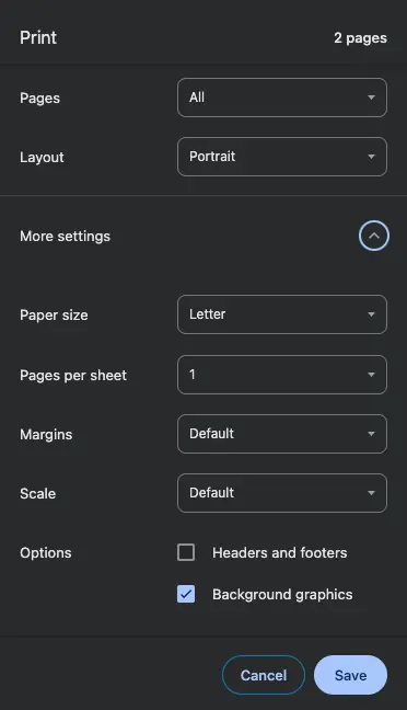 Chrome print settings showing background graphics option